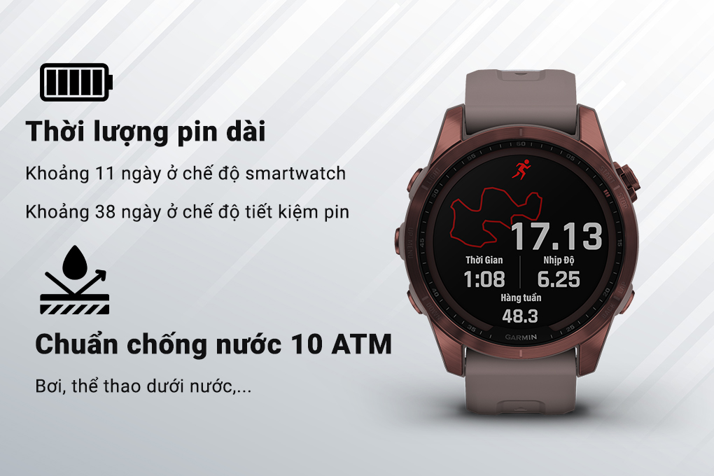 Sử dụng dài lâu - Đồng hồ thông minh Garmin Fenix 7S Solar Titanium