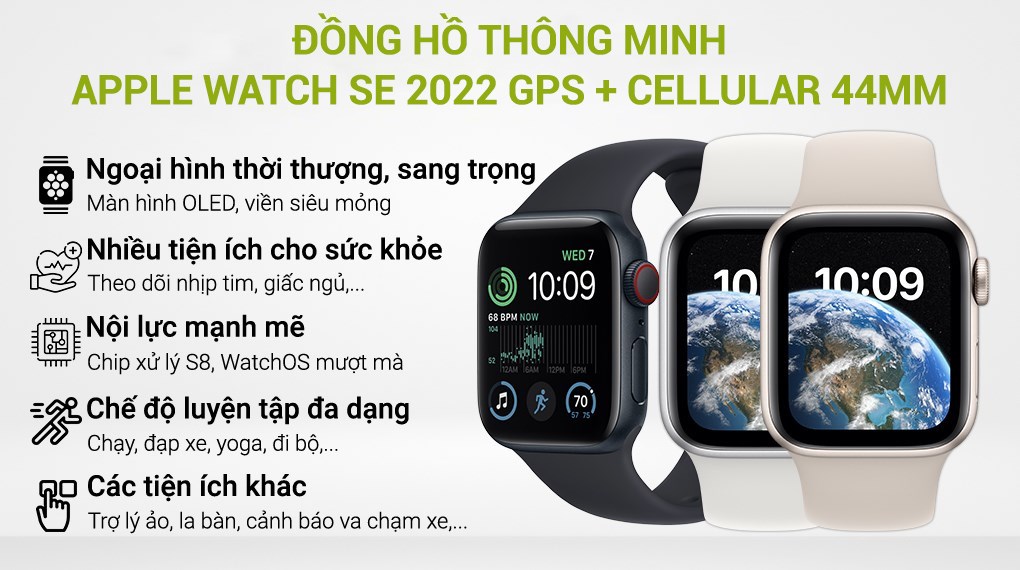 Apple Watch SE 2022 GPS + Cellular 44mm viền nhôm dây thể thao