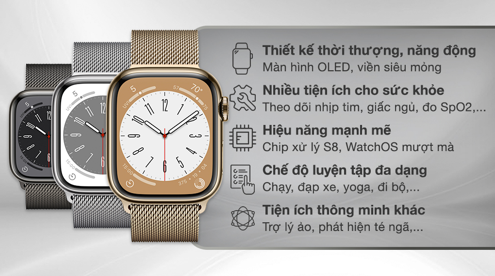 Đồng hồ thông minh Apple Watch S8 LTE 41mm dây thép - Thiết kế thời thượng 