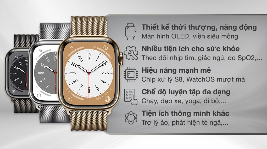 Với Apple Watch S8, bạn sẽ được trải nghiệm những tính năng thông minh đầy tiện ích cùng kiểu dáng sang trọng, đẳng cấp. Hãy xem hình ảnh để cảm nhận sự đẳng cấp của chiếc đồng hồ này.