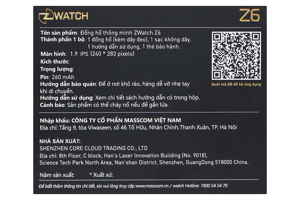 Đồng hồ thông minh Zwatch Z6 44mm Đen Màu Đen