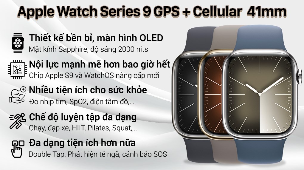 Đồng hồ thông minh Apple Watch Series 9 GPS + Cellular 41mm viền thép dây thể thao