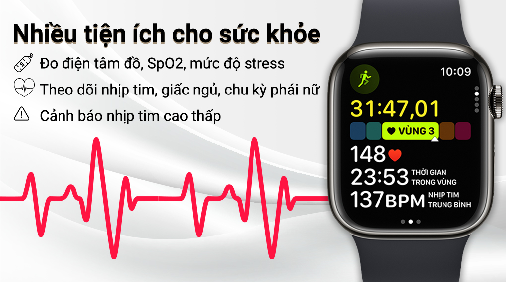 Apple Watch S9 LTE 41mm viền thép không gỉ dây silicone - Theo dõi sức khỏe