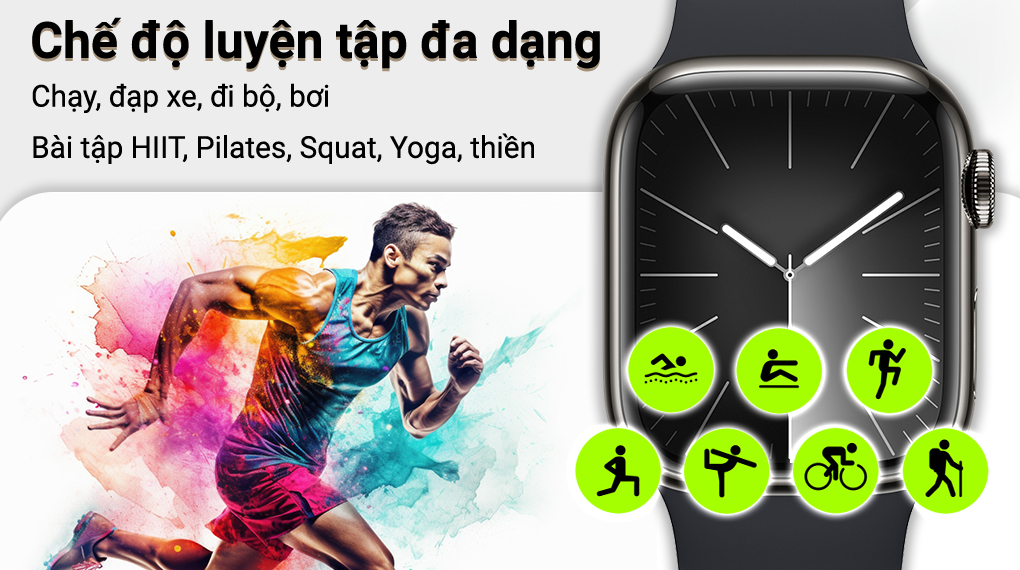 Apple Watch S9 LTE 41mm viền thép không gỉ dây silicone - Chế đọ luyện tập Apple Watch S9 LTE 41mm viền thép không gỉ dây silicone - Chế đọ luyện tập