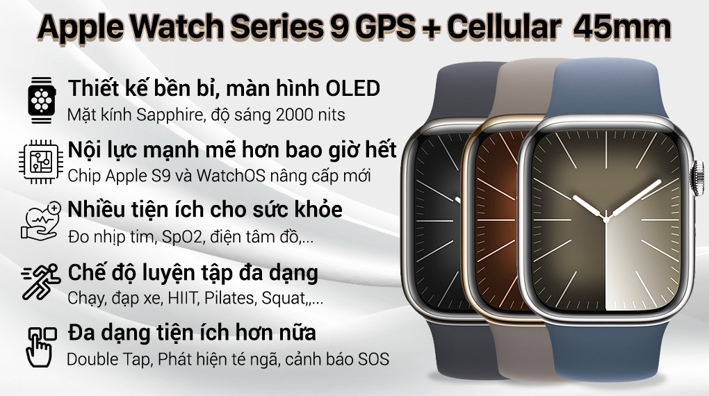 Đồng hồ thông minh Apple Watch Series 9 GPS + Cellular 45mm viền thép dây thể thao