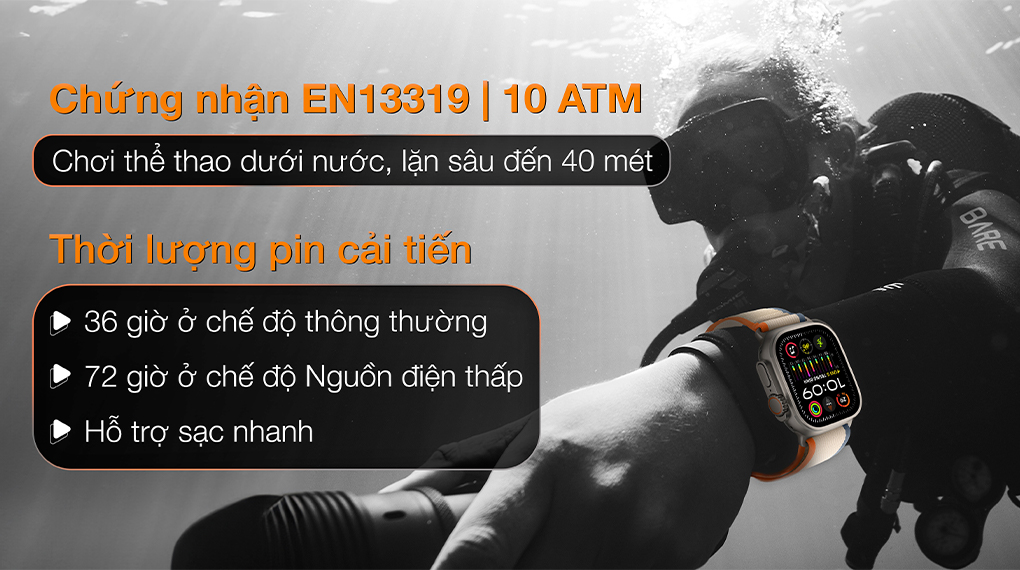 Apple Watch Ultra 2 LTE 49mm viền Titanium dây Trail size S/M - Pin và Chống nước