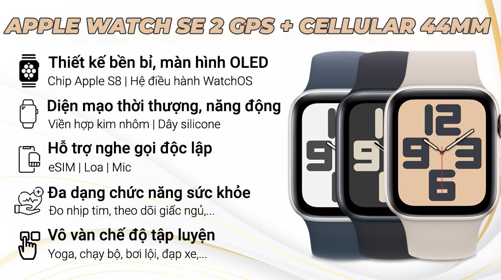 Apple Watch SE 2 GPS + Cellular 44mm viền nhôm dây thể thao size S/M