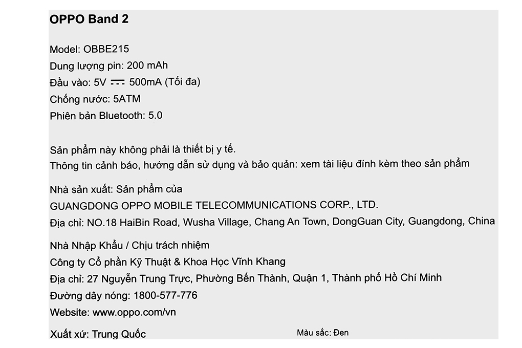 Vòng đeo tay thông minh Oppo Band 2 Màu Đen