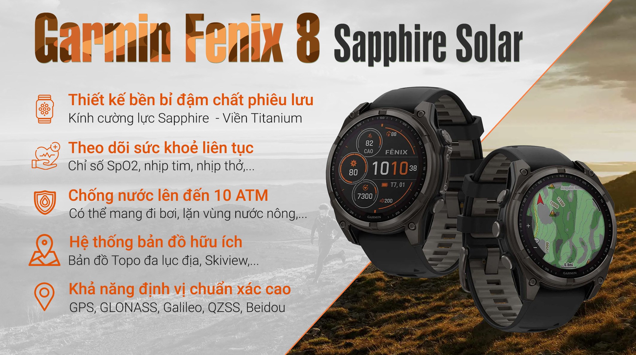 Đồng hồ thông minh Garmin Fenix 8 Sapphire Solar 47mm viền Titanium