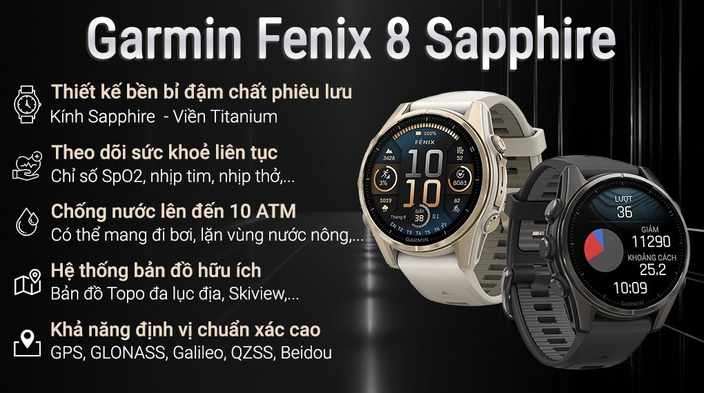 Đồng hồ thông minh Garmin Fenix 8 Sapphire 43mm viền Titanium