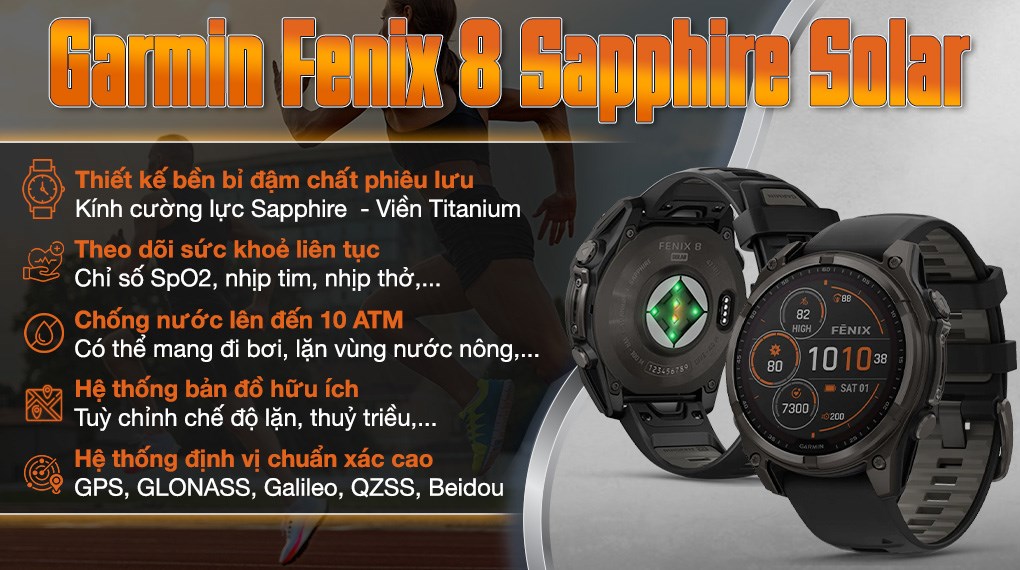 Đồng hồ thông minh Garmin Fenix 8 Sapphire Solar 51mm viền Titanium