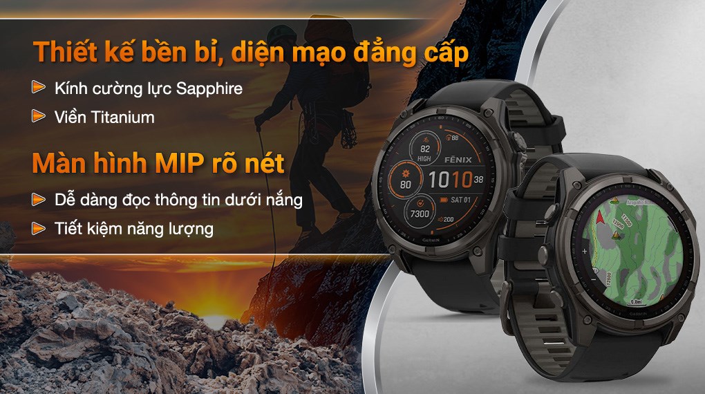 Garmin Fenix 8 Sapphire Solar 51mm viền Titanium dây silicone