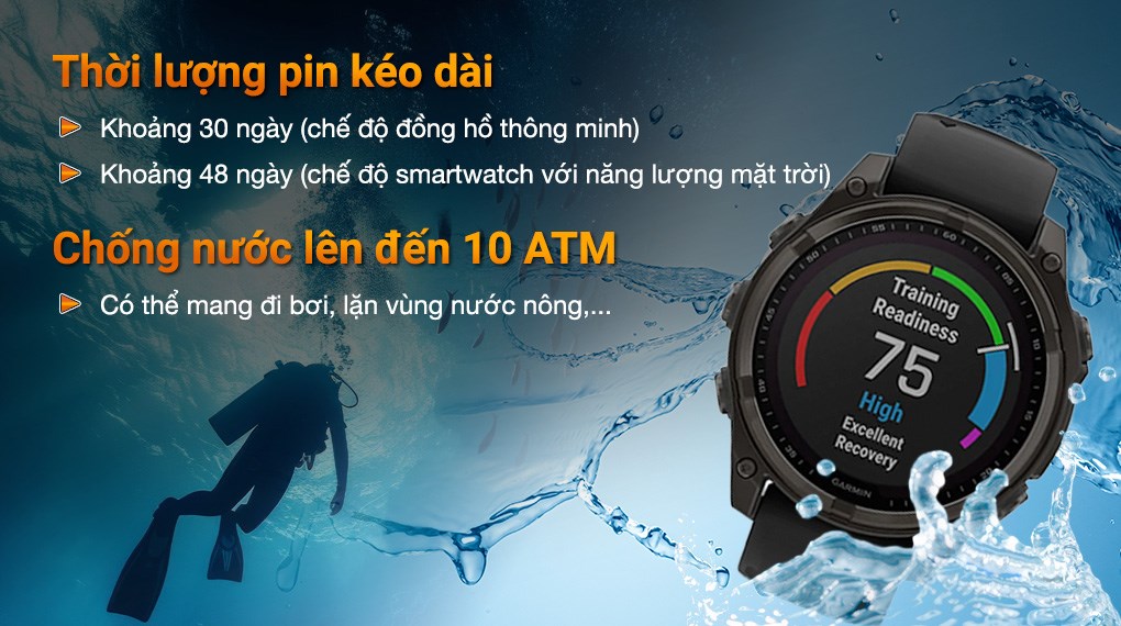 Garmin Fenix 8 Sapphire Solar 51mm viền Titanium dây silicone
