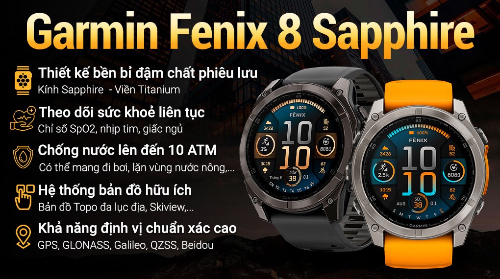 Đồng hồ thông minh Garmin Fenix 8 Sapphire 51mm viền Titanium