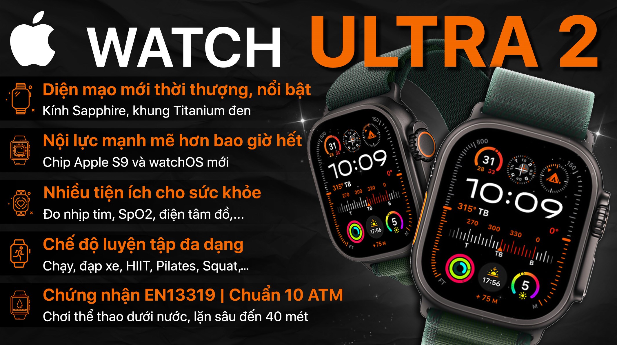 Apple Watch Ultra 2 GPS + Cellular 49mm viền Titanium đen dây Alpine