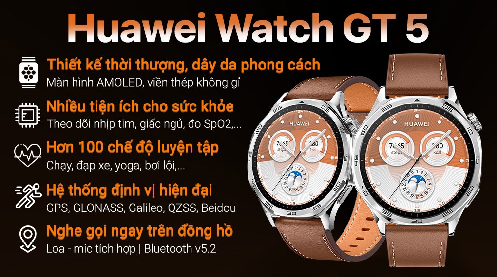 Đồng hồ thông minh Huawei Watch GT 5 46mm viền thép dây da