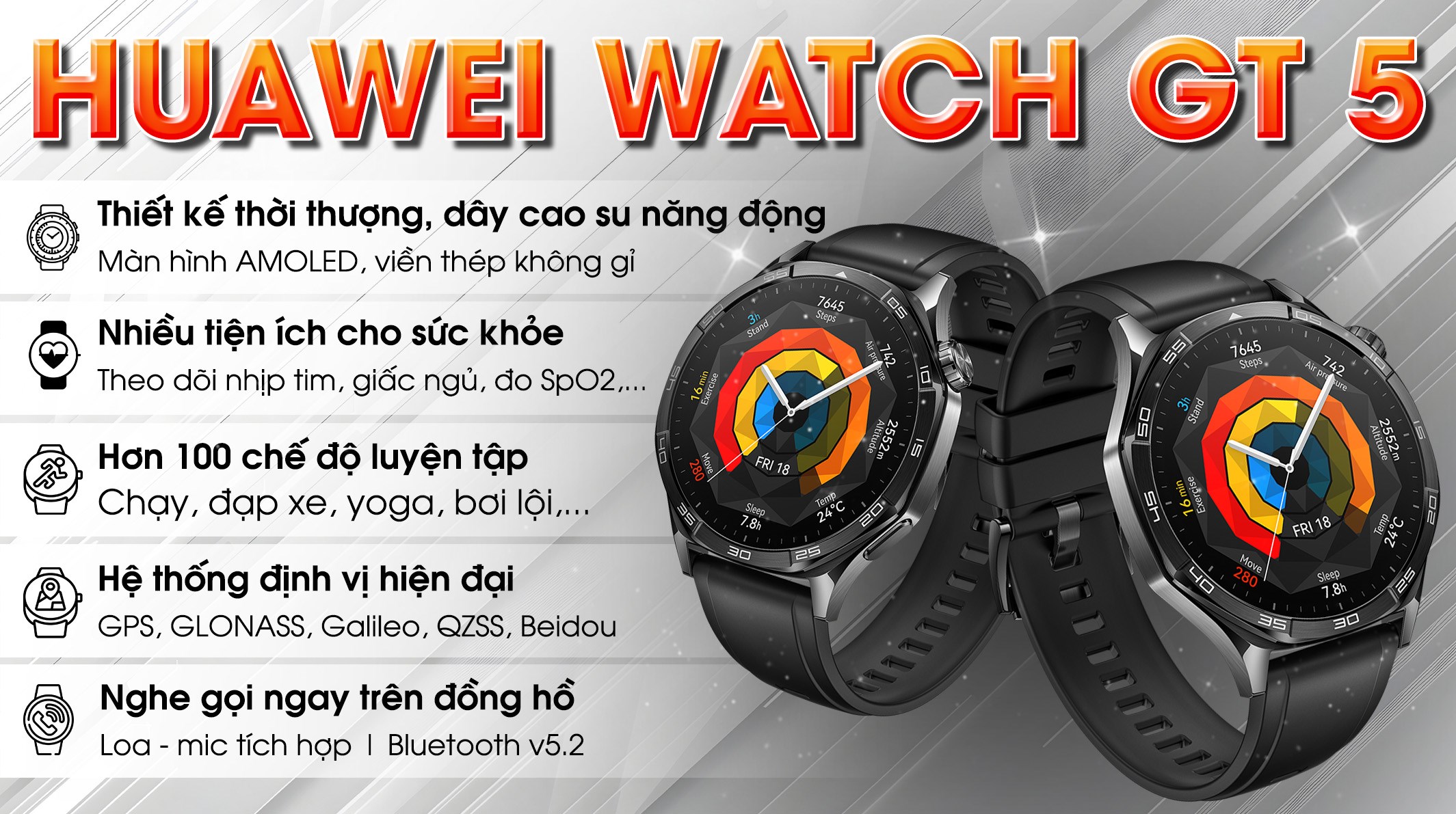 Đồng hồ thông minh Huawei Watch GT 5 46mm viền thép dây cao su