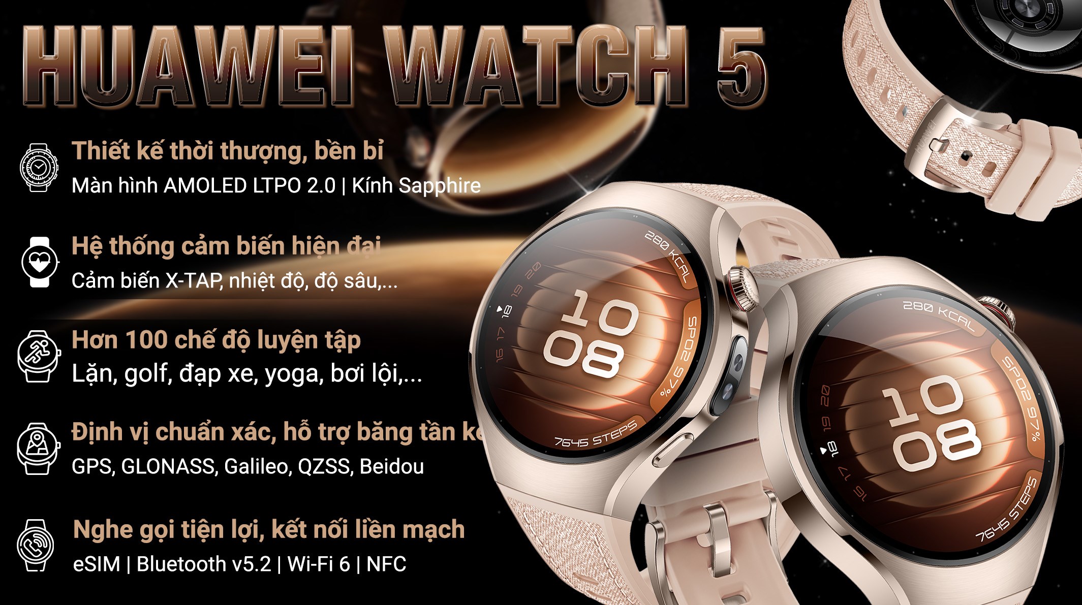 Huawei Watch 5 42mm viền thép dây composite Vàng Hồng
