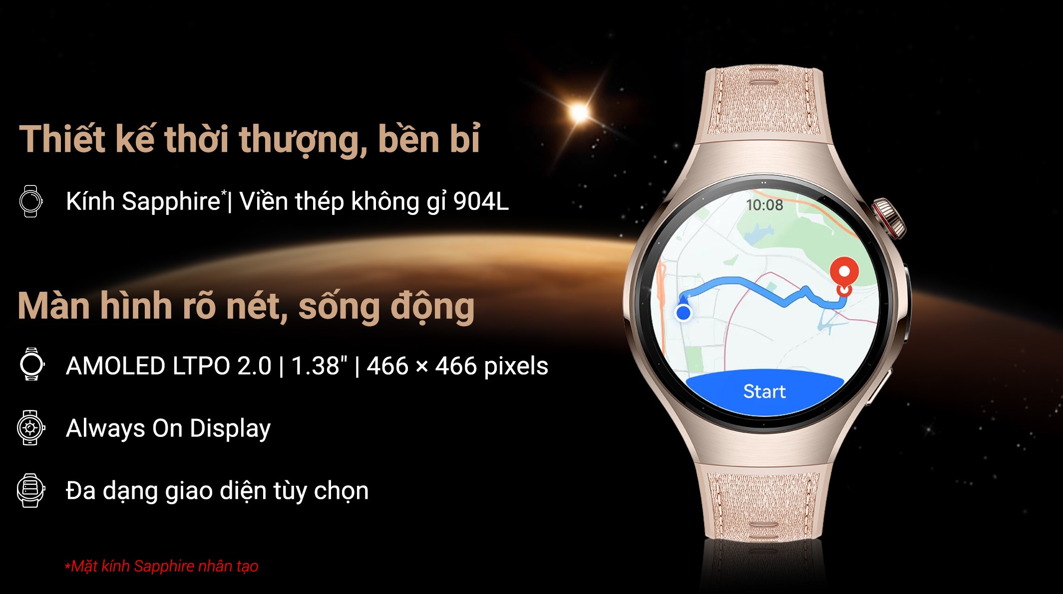 Huawei Watch 5 42mm viền thép dây composite Vàng Hồng