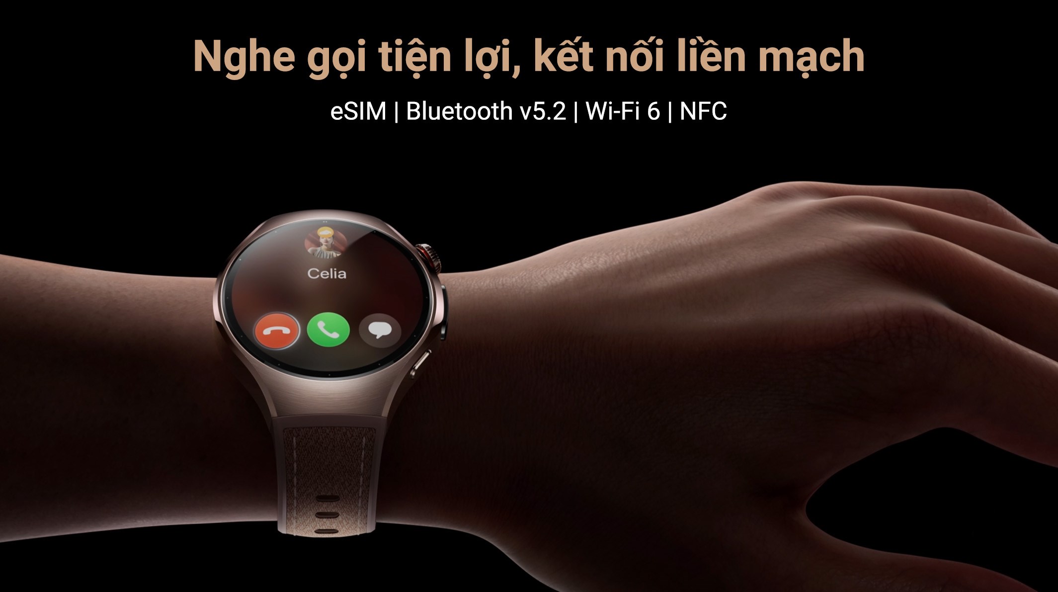 Huawei Watch 5 42mm viền thép dây composite Vàng Hồng