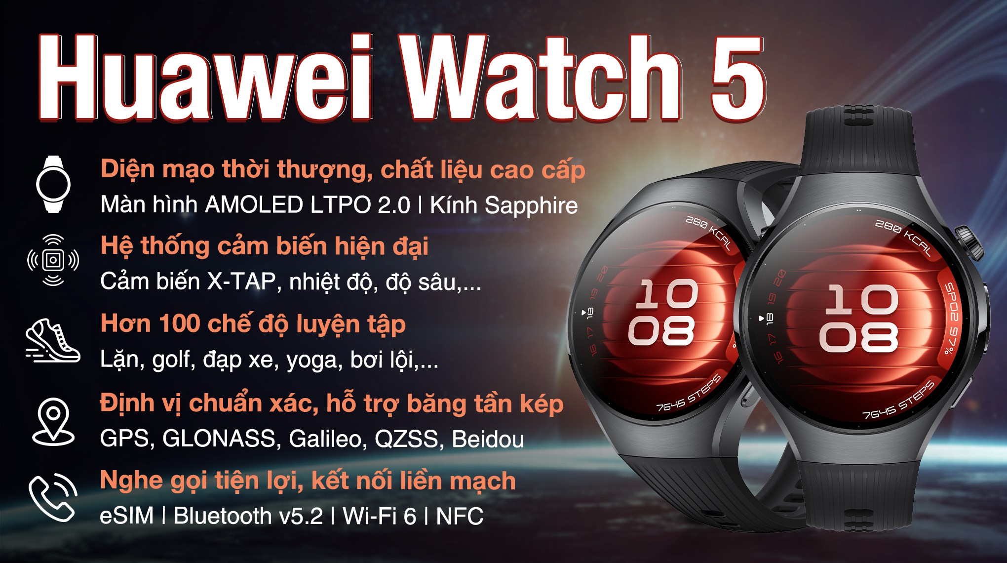 Huawei Watch 5 46mm viền thép dây cao su