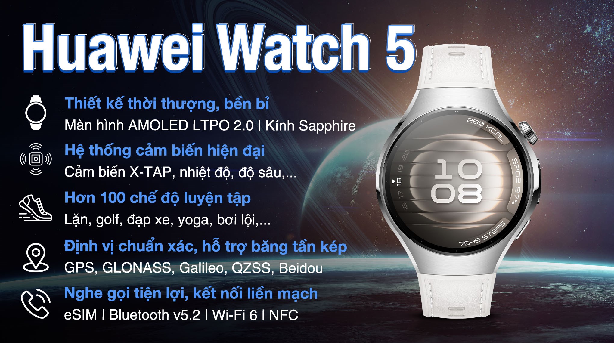 Huawei Watch 5 42mm viền thép dây composite Trắng