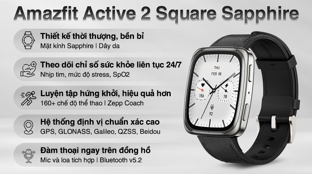 Amazfit Active 2 Square Sapphire 43.3mm dây da