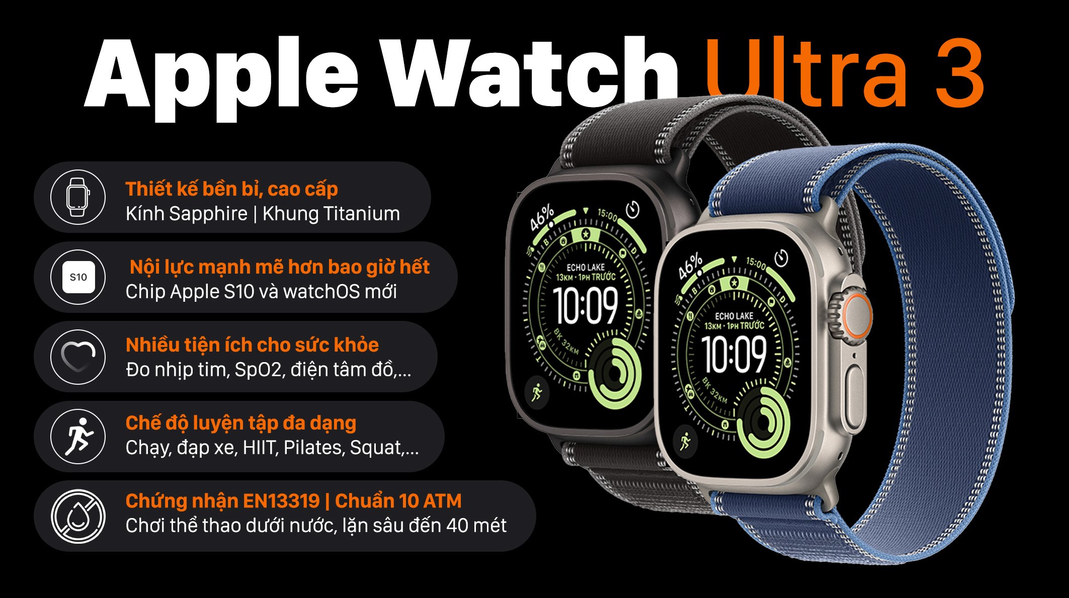 Apple Watch Ultra 3 GPS + Cellular 49mm viền Titanium dây Trail