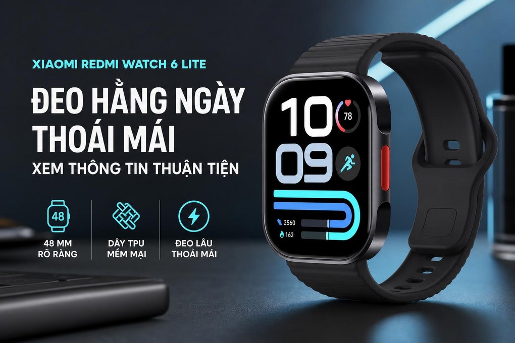Xiaomi Redmi Watch 6 Lite 48 mm dây TPU - Thiết kế 48 mm đeo thoải mái, phù hợp dùng hằng ngày