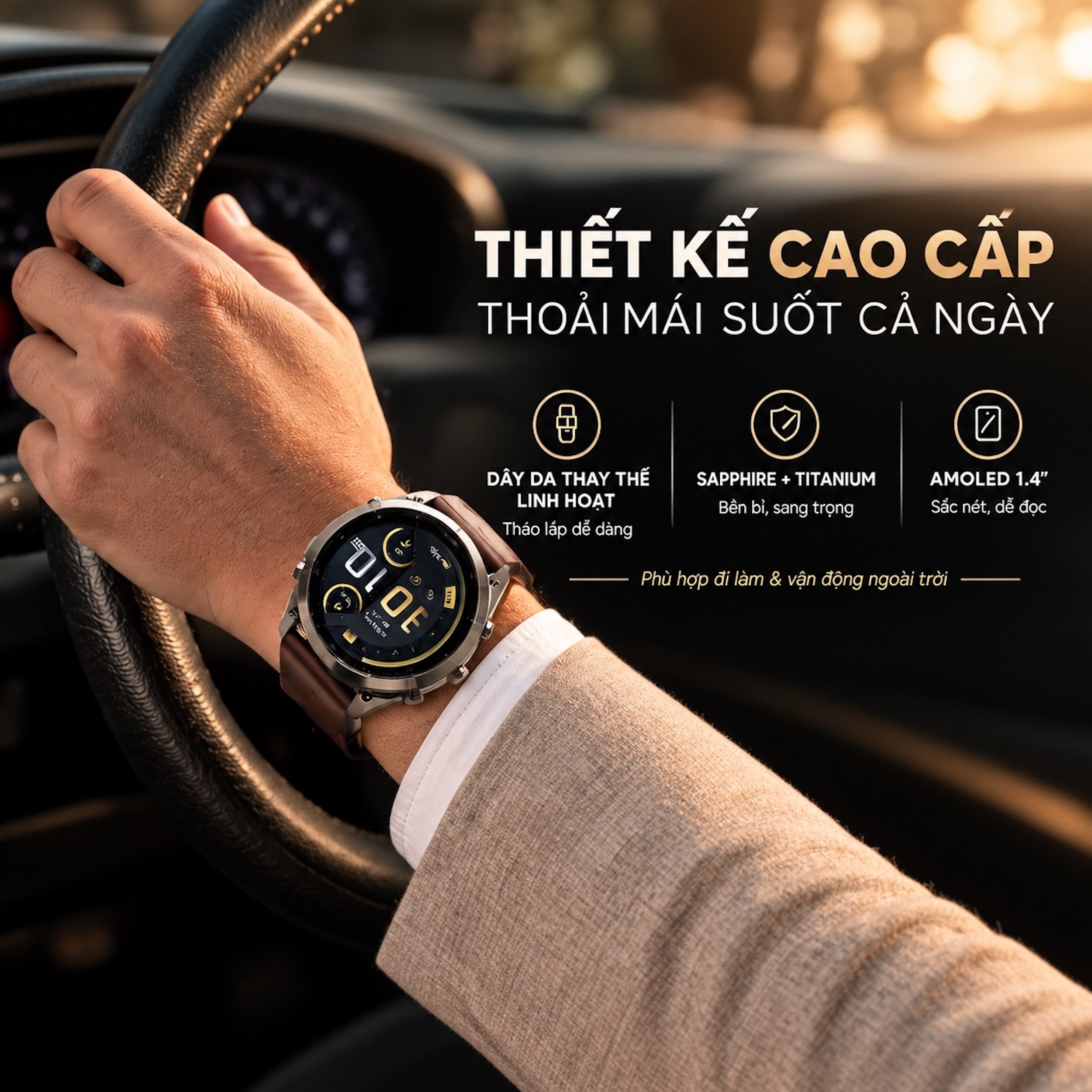 Garmin Fenix 9 Pro Sapphire 47mm viền Titanium dây da Nâu