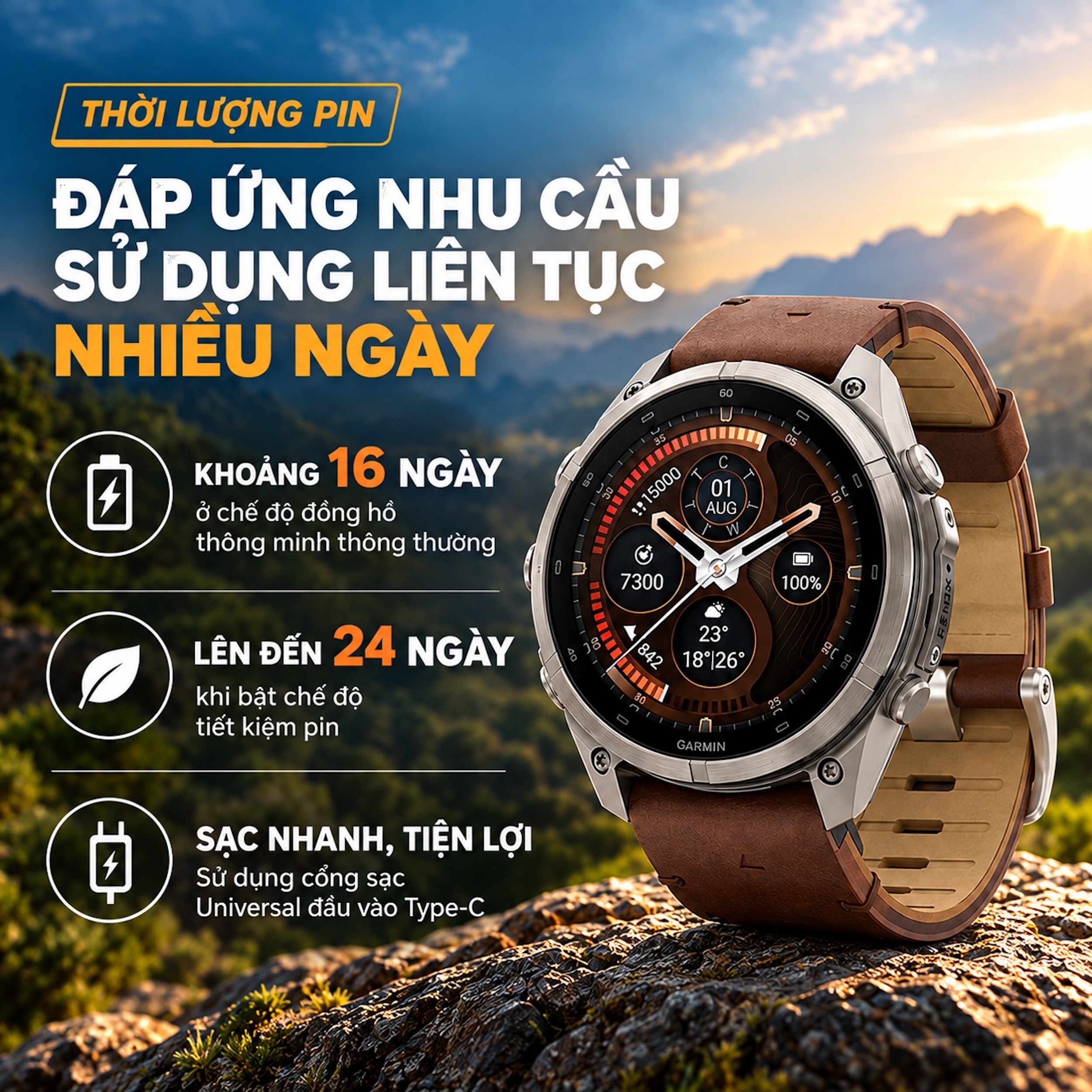 Garmin Fenix 9 Pro Sapphire 47mm viền Titanium dây da Nâu - 2