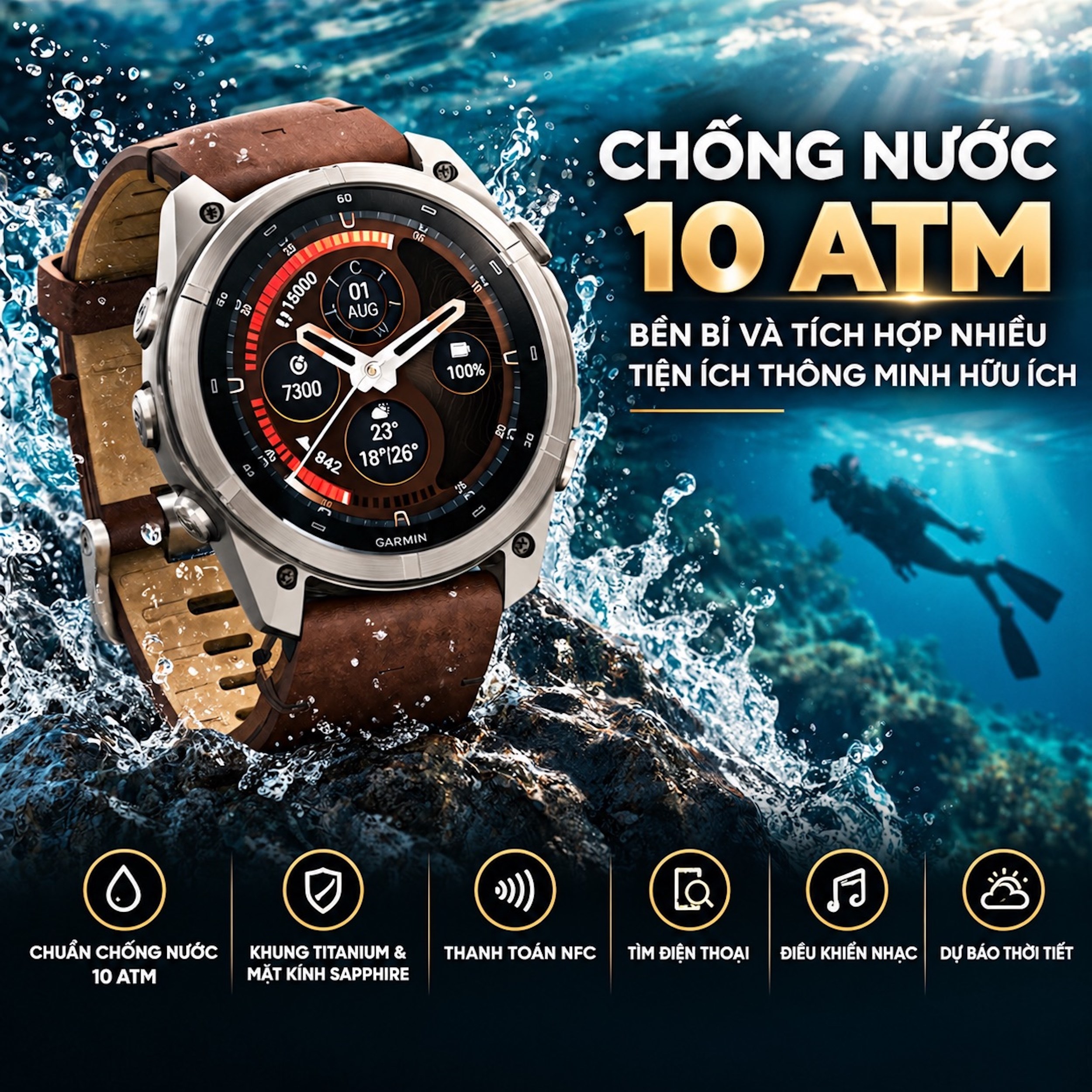 Garmin Fenix 9 Pro Sapphire 47mm viền Titanium dây da Nâu - 3