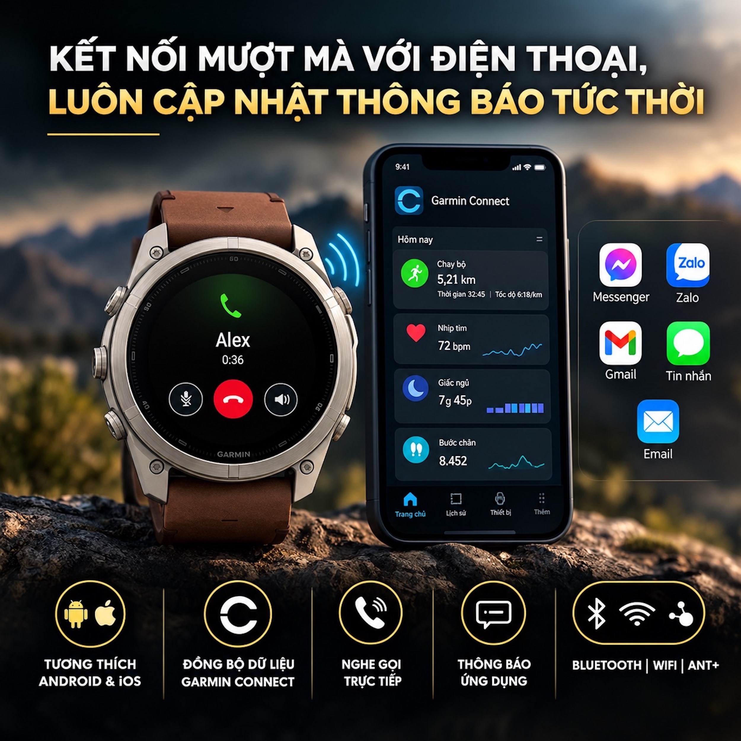 Garmin Fenix 9 Pro Sapphire 47mm viền Titanium dây da Nâu - 5