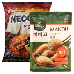 Bánh xếp Hàn Quốc nhân thịt Bibigo gói 175g và mì xào khô Nongshim Neoguri hải sản cay gói 137g