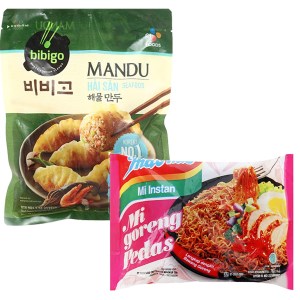 Bánh xếp hải sản Bibigo 350g và mì xào Indomie cay nồng 79g