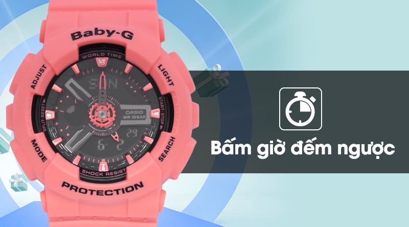 Đồng hồ Nữ Baby-G BA-111-4A2DR có tiện ích bấm giờ đếm ngược Đồng hồ Nữ Baby-G BA-111-4A2DR có tiện ích bấm giờ đếm ngược