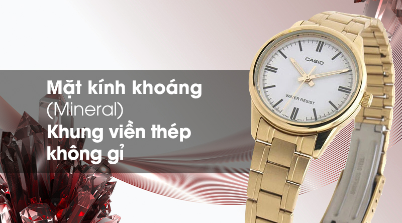 Đồng hồ nữ Casio LTP-V005G-7AUDF có mặt kính trong suốt, khung viền bền chắc