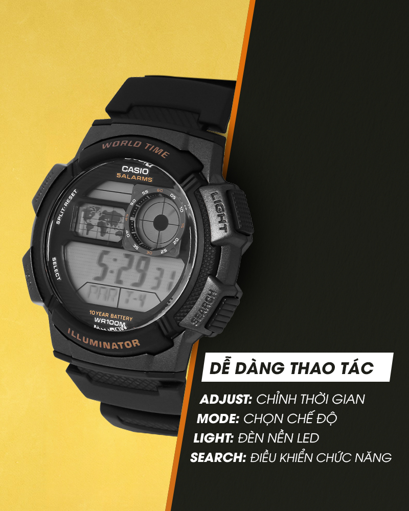 Đồng hồ Nam Casio AE-1000W-1AVSDF có nhiều nút nhấn, dễ dàng thao tác Đồng hồ Nam Casio AE-1000W-1AVSDF có nhiều nút nhấn, dễ dàng thao tác