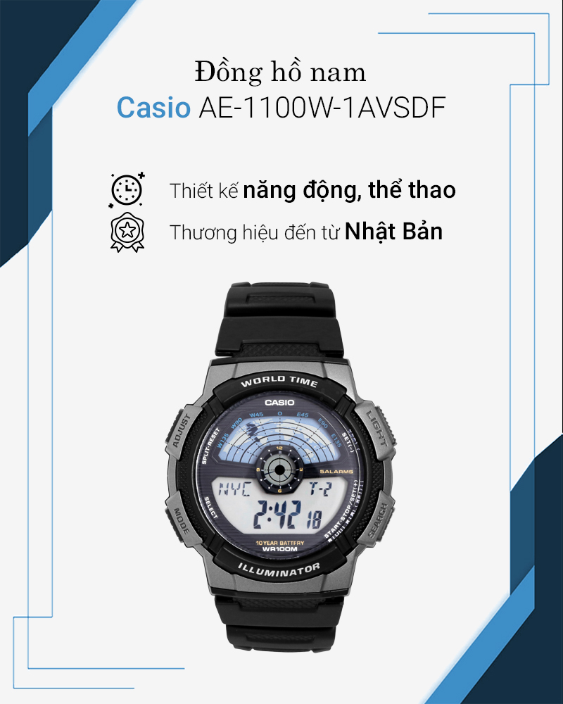 Tổng quan về đồng hồ Nam Casio AE-1100W-1AVSDF Tổng quan về đồng hồ Nam Casio AE-1100W-1AVSDF