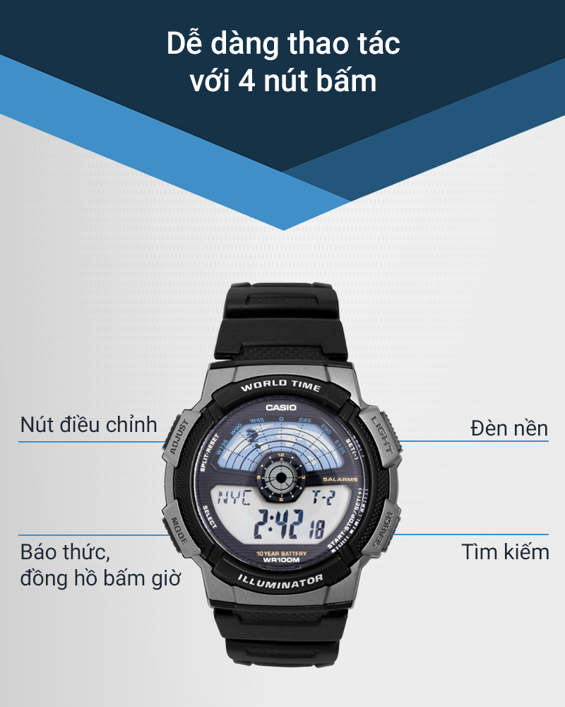 Đồng hồ Nam Casio AE-1100W-1AVSDF có các nút bấm tiện lợi Đồng hồ Nam Casio AE-1100W-1AVSDF có các nút bấm tiện lợi