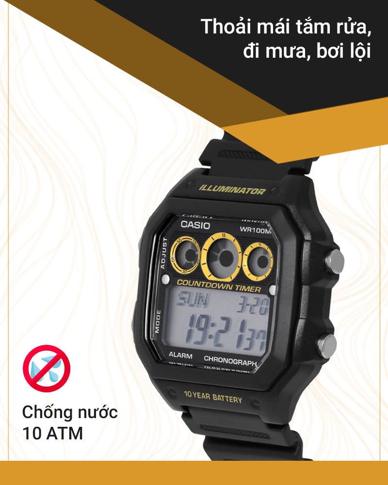 Đồng hồ Nam Casio AE-1300WH-1AVDF có hệ số chống nước 10 ATM