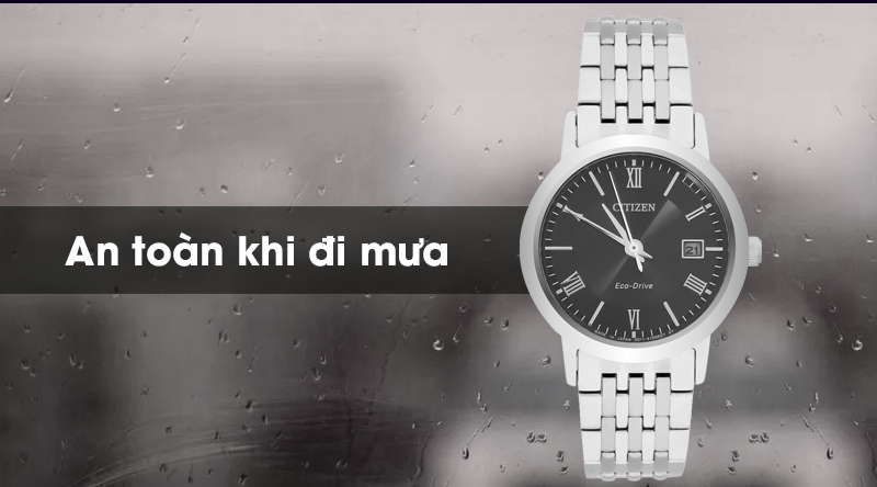 Đồng hồ Eco-Drive Nữ dây kim loại CITIZEN EW1580-50E Đen, an toàn trong mưa. Đồng hồ Eco-Drive Nữ dây kim loại CITIZEN EW1580-50E Đen, an toàn trong mưa.