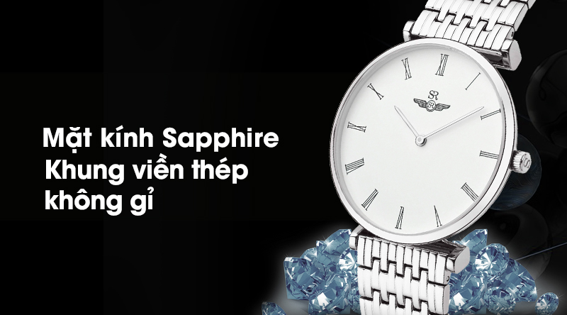 Đồng hồ nam SR Watch SG8702.1102 có mặt kính bền bỉ, khung viền chắc chắn