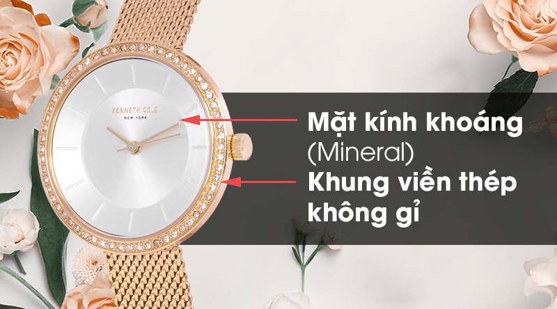 Đồng hồ nữ Kenneth Cole KC50198004 có mặt kính khoáng và khung viền thép không gỉ
