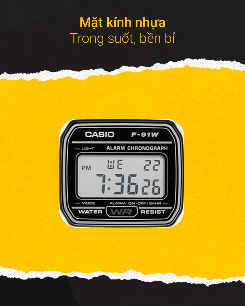 Đồng hồ nam Casio F-91WM-7ADF có mặt kính cứng cáp