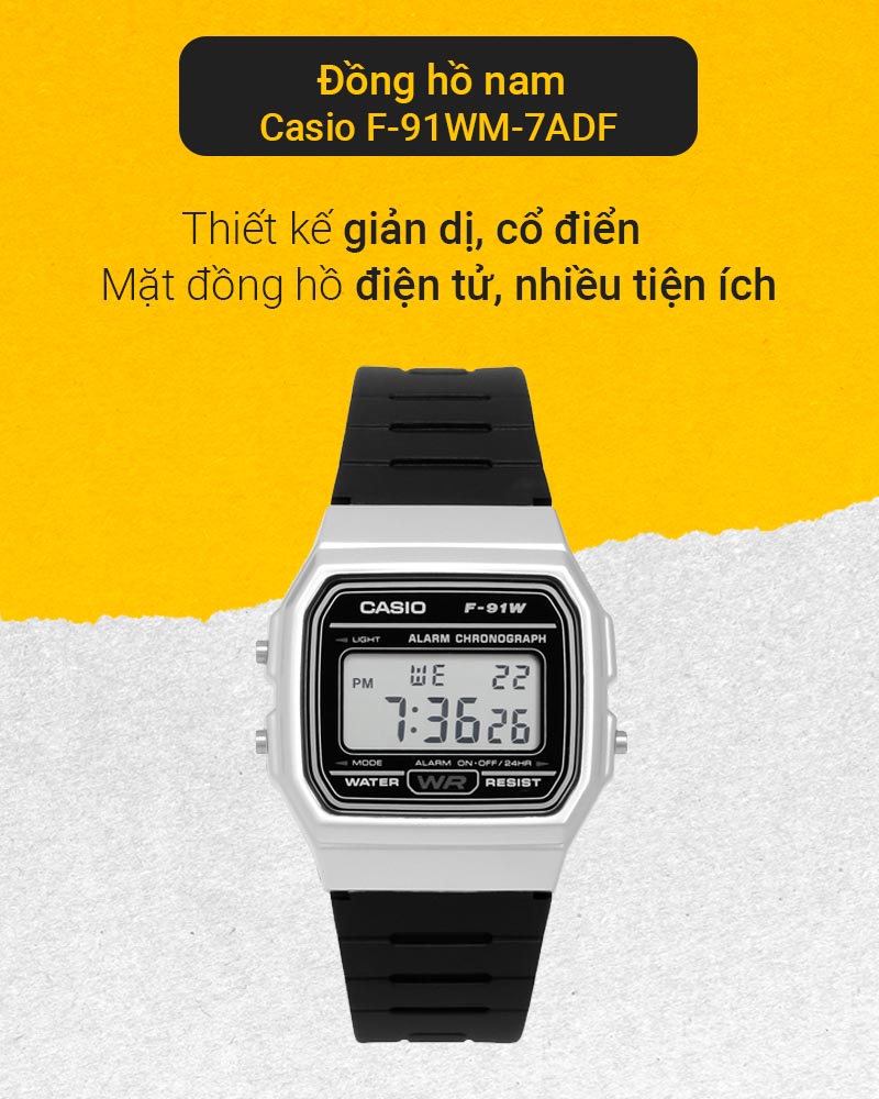 Đồng hồ nam Casio F-91WM-7ADF có thiết kế trẻ trung