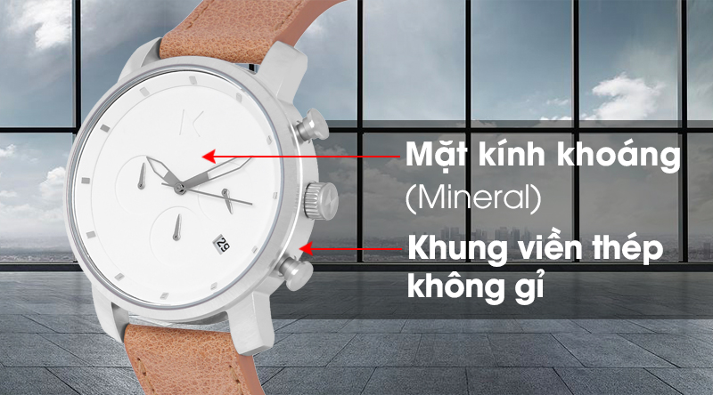 Đồng hồ nam MVMT D-MC02-WT có khung viền cứng cáp, mặt kính có độ cứng khá