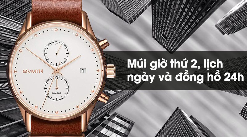 Đồng hồ nam MVMT D-MV01-RGNA2 có múi giờ thứ 2, lịch ngày và đồng hồ 24h tiện lợi