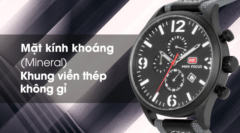 Đồng hồ nam Mini Focus MF0003G.04 có mặt kính cứng cáp, khung viền chống oxi hóa