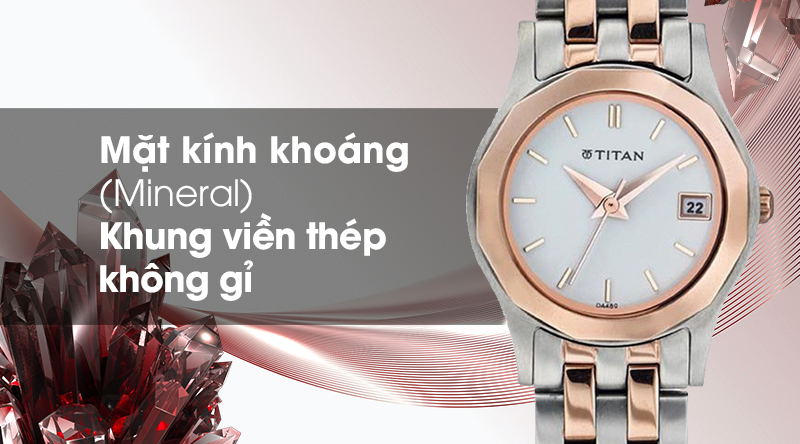 Đồng hồ nữ Titan 9856KM01 có mặt kính cứng cáp, khung viền chống oxi hóa Đồng hồ nữ Titan 9856KM01 có mặt kính cứng cáp, khung viền chống oxi hóa